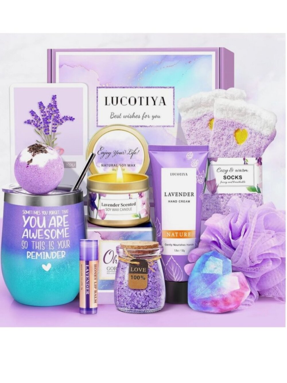 Brand New LUCOTIYA Gifts for Women Gift Basket Birthday Lavender Hello Beautiful